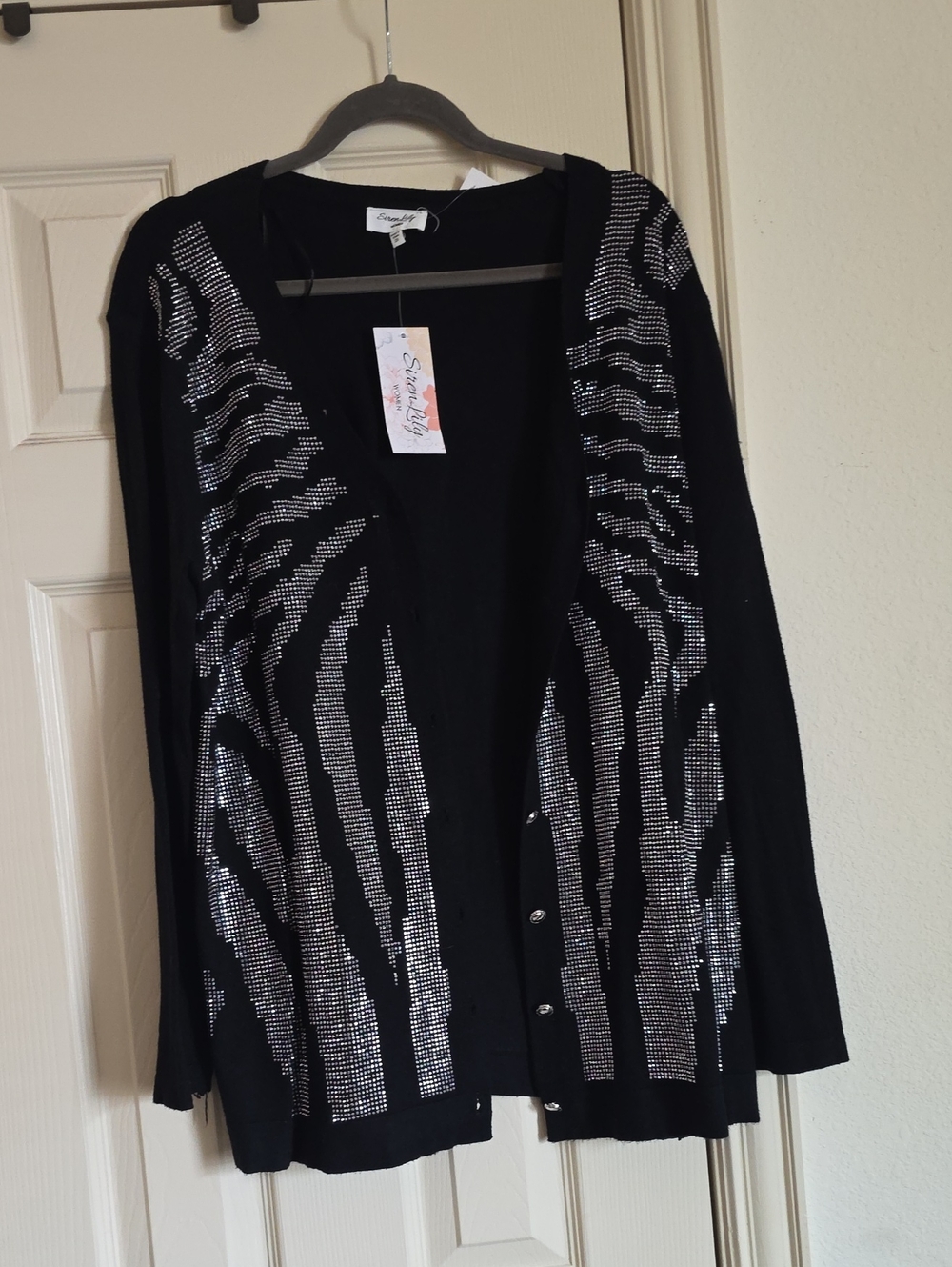 Serra Black Cardigan with Silver Sparkle Stripe Detail